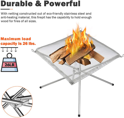 Portable Outdoor Fire Pit 22 Inch Foldable Stainless Steel Mesh