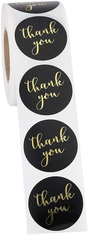 WILLOW 500PCS Thank You Stickers, Round  Roll with Gold Foil, Self Adhesive Gift Packaging Stickers for Handmade Goods, DIY, Sealing Bag (Black)