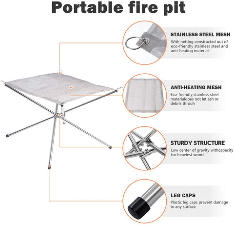 Portable Outdoor Fire Pit 22 Inch Foldable Stainless Steel Mesh