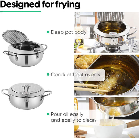 Deep Fryer Pot, 304 Stainless Steel with Temperature Control and Lid