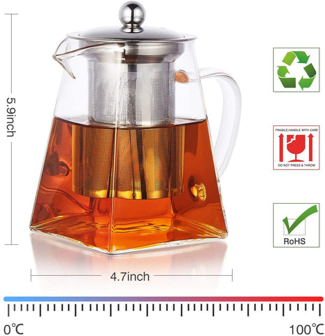 Glass Teapot with Infuser Microwavable and Stovetop Safe 750 ml - Square