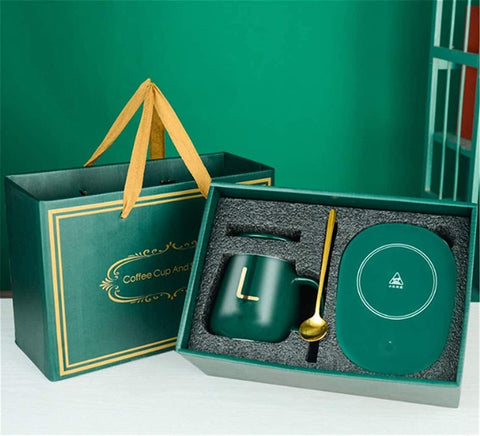 Electric Coffee Heating Mug with Cup and Spoon in a Gift Box - Green