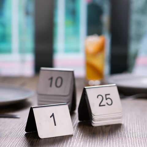 Olmecs Stainless Steel Table Number Set 1-40 - Tent Style Table Number Stands for Restaurants and Cafes