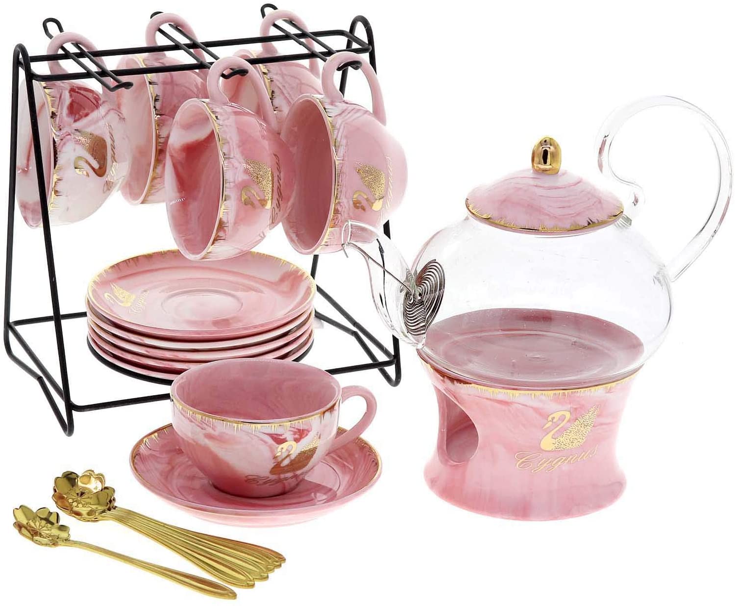 22-Piece Porcelain Ceramic Coffee & Tea Gift Sets, Cups & Saucer Service for 6 - Pink