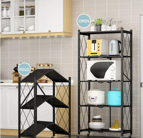 Multi-Shelf Foldable Storage Shelves for Garage Kitchen Home Closet, Collapsible Organizer Rack - Black