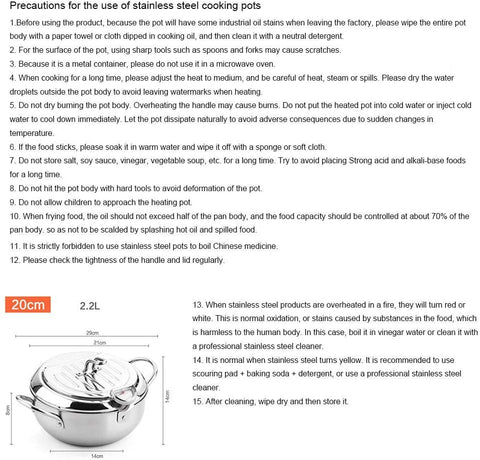 Deep Fryer Pot, 304 Stainless Steel with Temperature Control and Lid