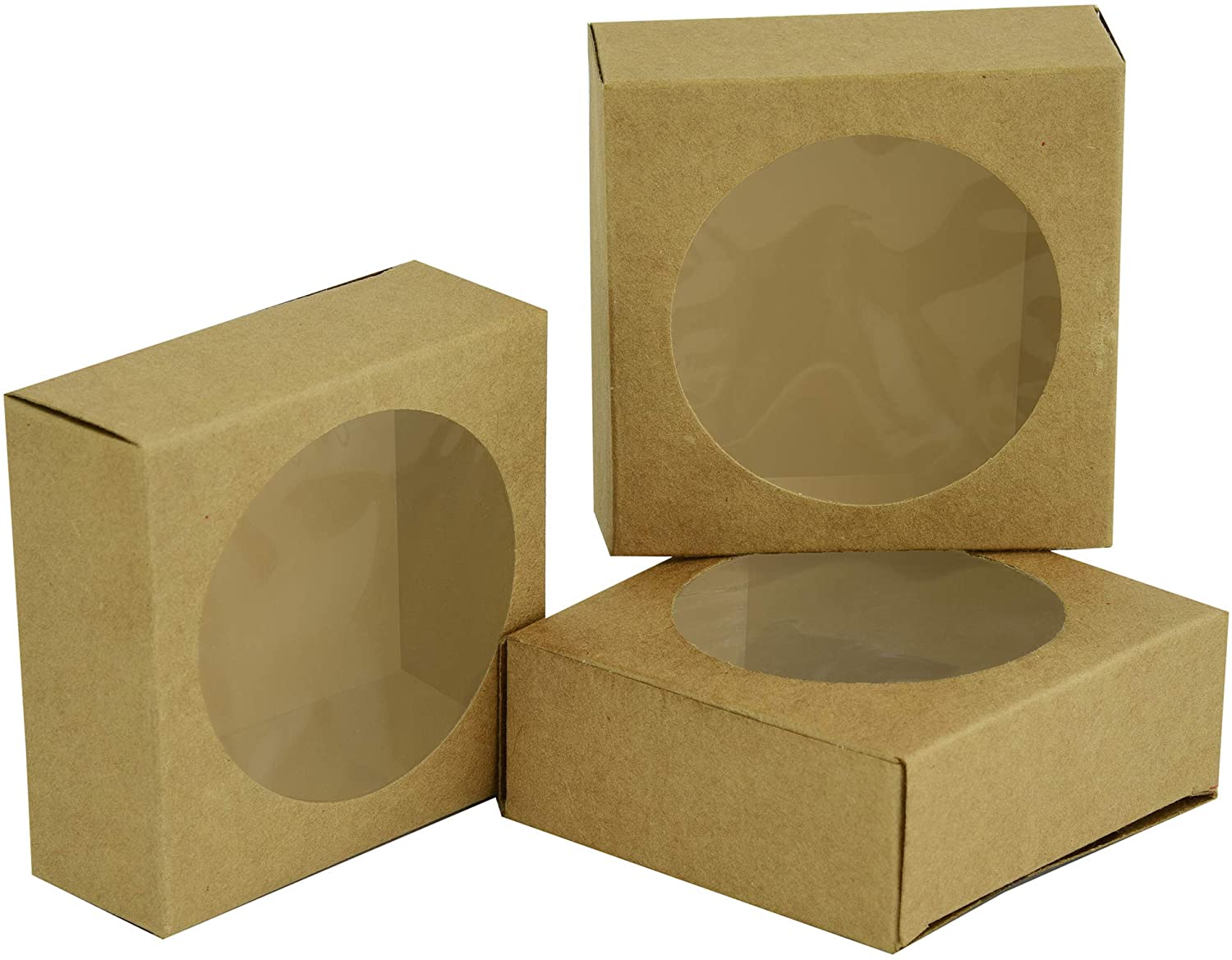 24 Pc Pack Brown Kraft Paper Boxes with Round Clear Window for Gift Wrapping, Party, Treats and giveaways .100% recycled material. - Willow