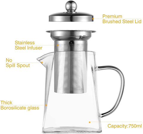 Glass Teapot with Infuser Microwavable and Stovetop Safe 750 ml - Square