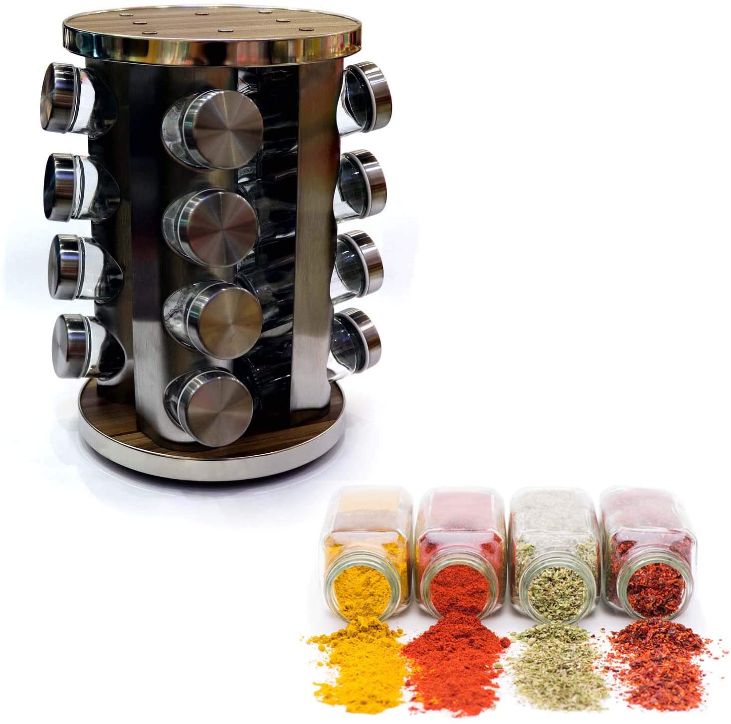 16-Piece Spice Jar Set, Glass Jar Round Stand Silver/Wood W22xL22xH20 Cms