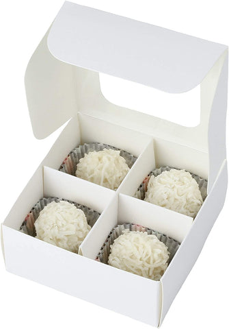 Willow Mini Truffle Boxes with Window and Dividers - Four Compartments - 16 x 16 x 6.5 Cms | Pack of 20 (Kraft)