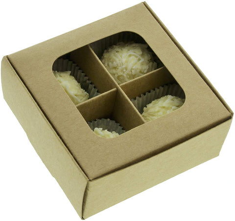 Willow Mini Truffle Boxes with Window and Dividers - Four Compartments - 16 x 16 x 6.5 Cms | Pack of 24 (White)