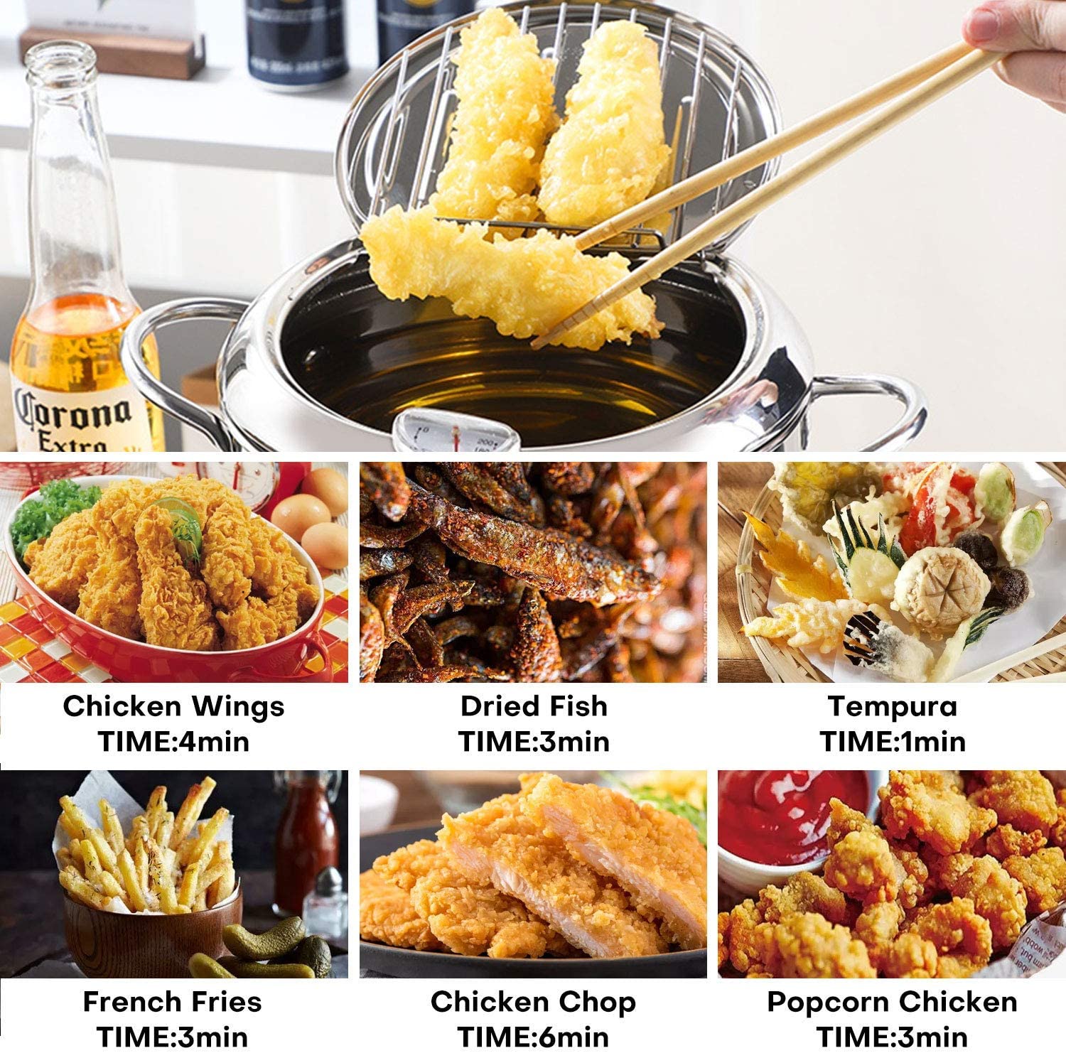 Deep Fryer Pot, 304 Stainless Steel with Temperature Control and Lid
