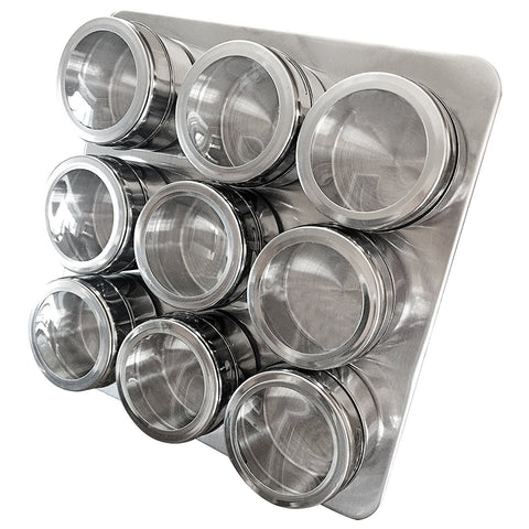 9 Magnetic Stainless Steel Spice Jars, Condiments, Fridge Magnets with Labels