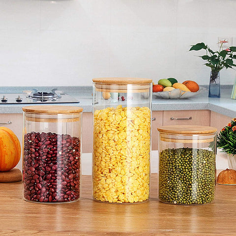 Willow Glass Storage Jar,Kitchen Food Containers with Bamboo Lid 3 pack (1000ML)
