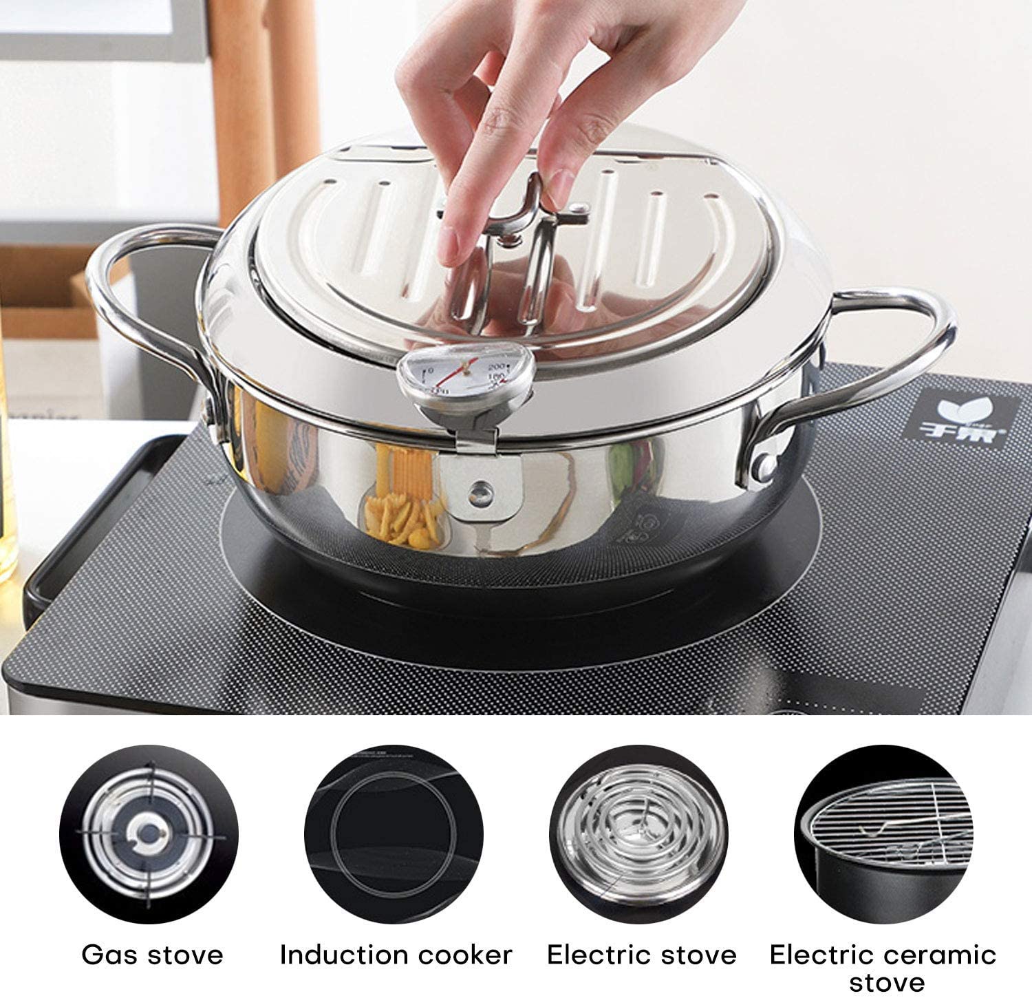 Deep Fryer Pot, 304 Stainless Steel with Temperature Control and Lid
