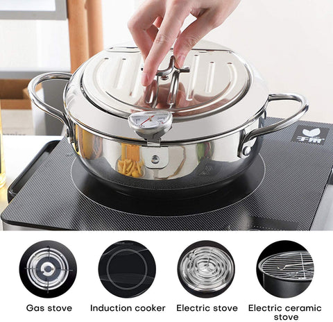 Deep Fryer Pot, 304 Stainless Steel with Temperature Control and Lid