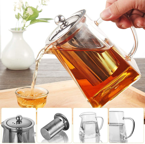 Glass Teapot with Infuser Microwavable and Stovetop Safe 750 ml - Square