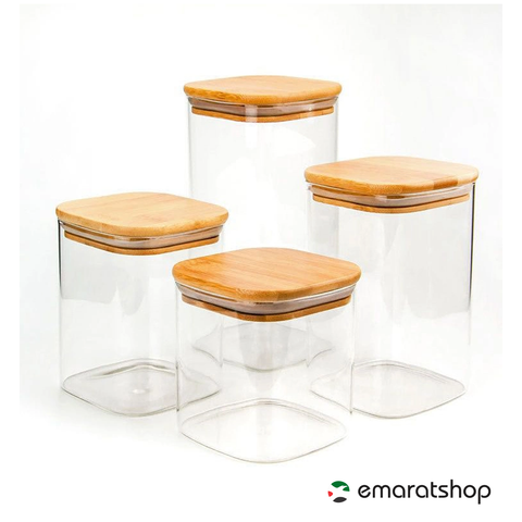 3Pc Pack Clear Borosilicate Glass Jar with Bamboo Lid  (6x6x13.5Cms) - Willow