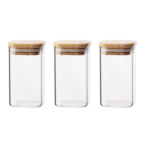 3Pc Pack Clear Borosilicate Glass Jar with Bamboo Lid  (6x6x8.5Cms) - Willow