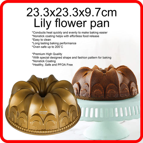 Cake Pan Lily Flower Bundt Pan | Aluminium Cake Mold | Non-Stick Pan | Gold (Size: 24CM x 24CM x 10CM) - LIFE SMILE