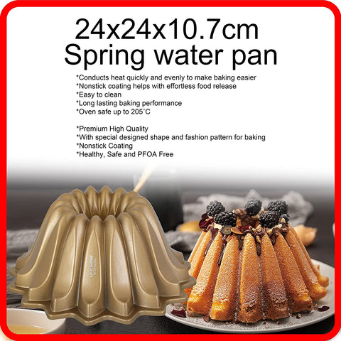 Spring Water Shaped Cake Pan | Aluminium Cake Mold | Non-Stick Bundt Pan | Gold (Size: 24CM x 24CM x 10CM) - LIFE SMILE