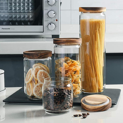 WILLOW 6Pcs Pack Glass Canisters with Wooden Lid , and Good Sealing (450ml)