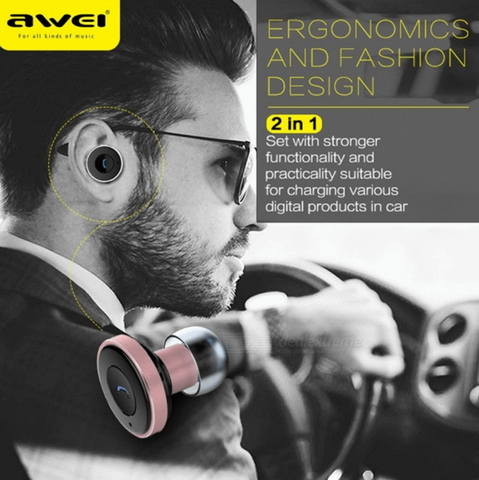 AWEI A870BL Headset 2 in 1 Multi-function Bluetooth V4.0 Hands-free Call 5V 2.1A USB Car Charger - SquareDubai