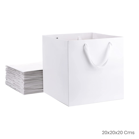 Willow 12 Packs Square White Kraft Paper Bag with Ribbon Handle Size 20x20x20Cms