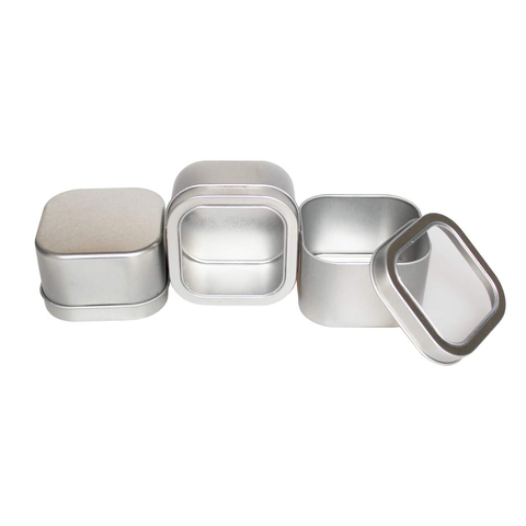 Empty 4-Ounce Square Silver Metal Tins with Clear Window (9Pc Pack)