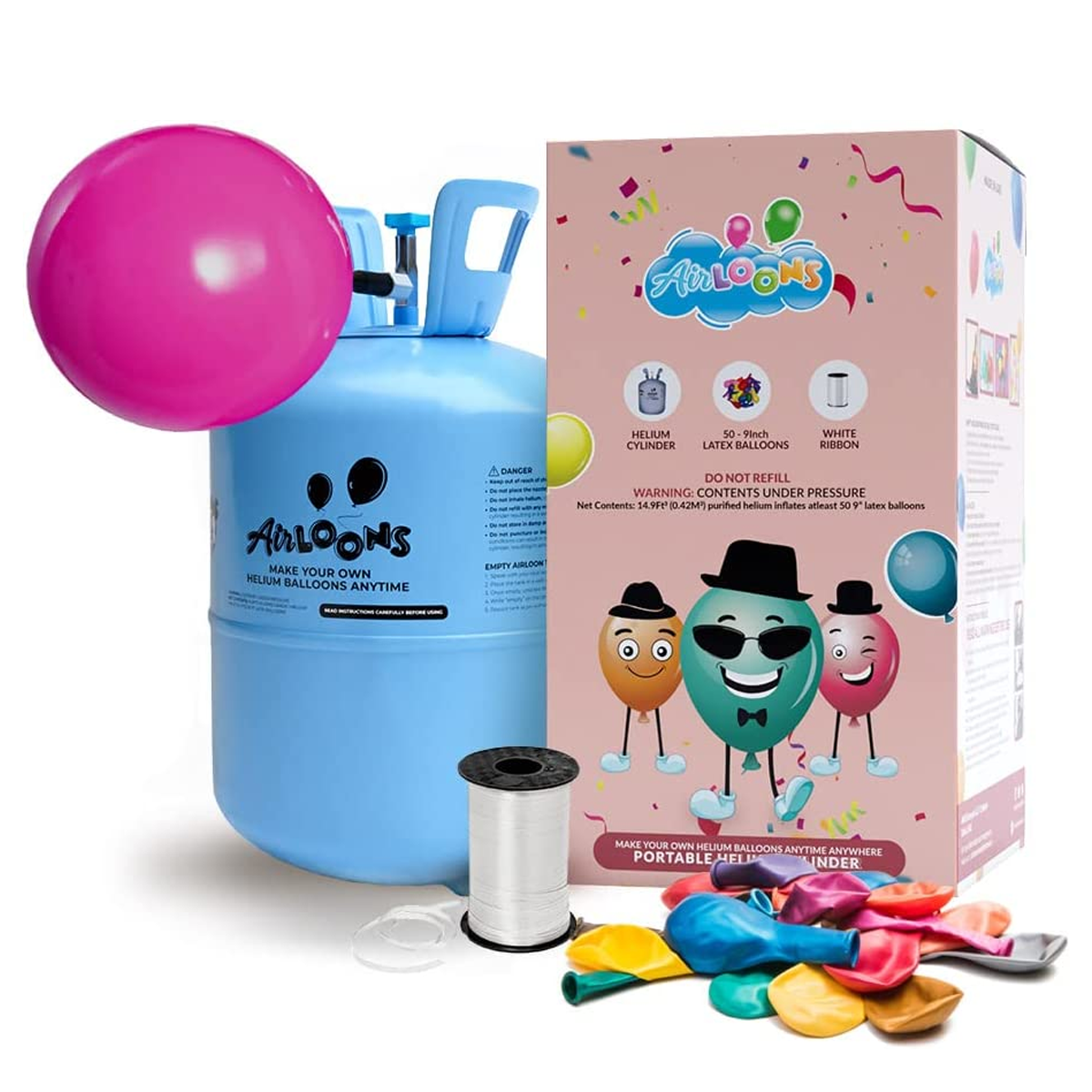 Airloons Portable Helium Balloon Kit (Helium Tank With Multicolor 9 Inch Latex Balloons) 50 Balloons