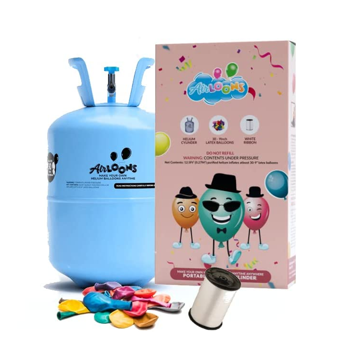 Airloons Portable Helium Balloon Kit (Helium Tank With Multicolor 9 Inch Latex Balloons) 50 Balloons