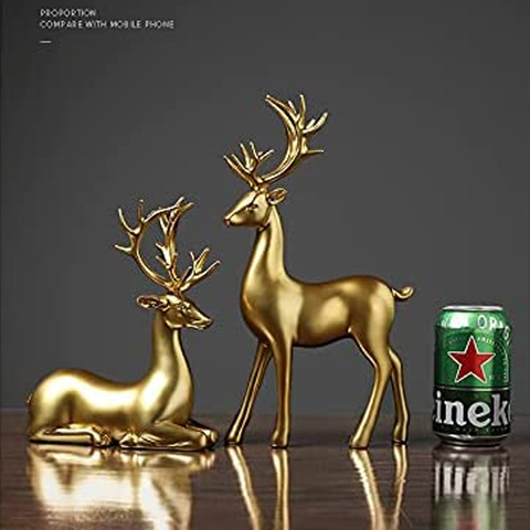 Set of 2 Modern Gold Deer Statue Sculpture Figurine Ornaments Gifts for Home Decoration - 17cm High, 12cm High