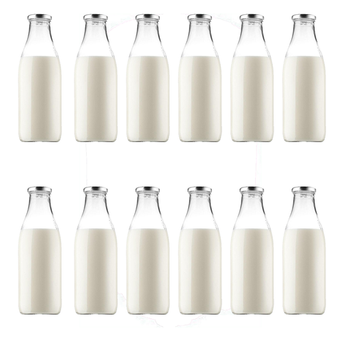 Milk, Juice Glass Bottle with White/Black/Yellow/Red Cap 500ml - 12 Pc Pack