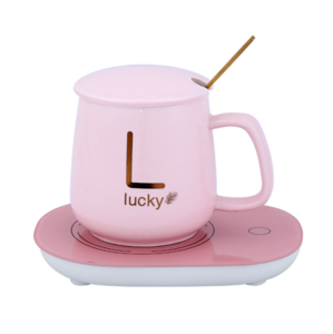 Electric Coffee Heating Mug Max 55 Degree Constant Temperature Heating Coaster with Cup and Spoon in a Gift Box - Pink