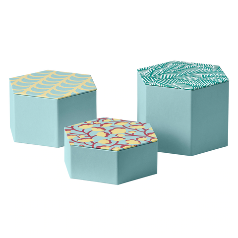 LANKMOJ Decoration box, set of 3, light blue/patterned