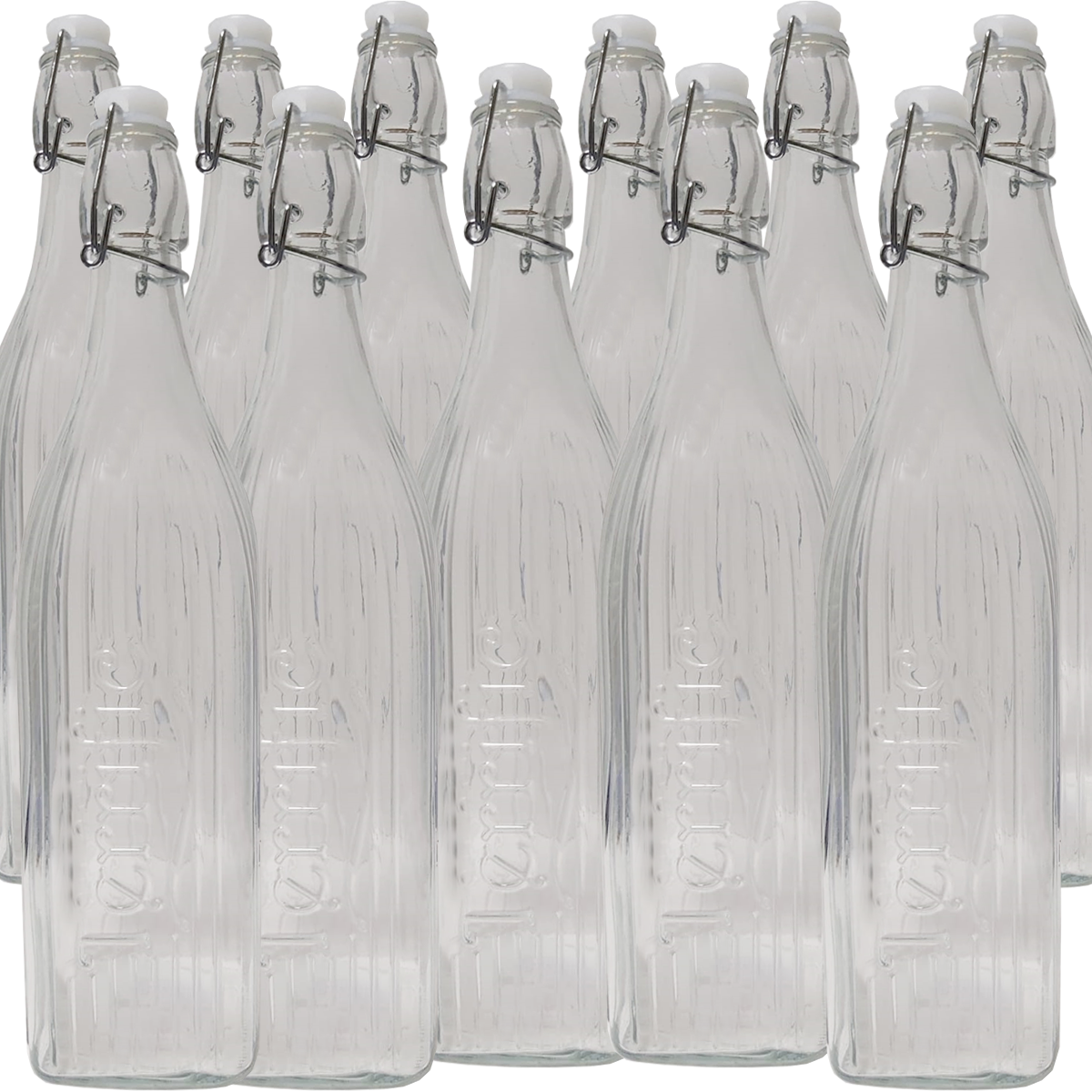 1000 ml Square Base Stripe Design Glass Bottles for Home Brewing with Easy Wire Swing Cap - 12 Pc Pack