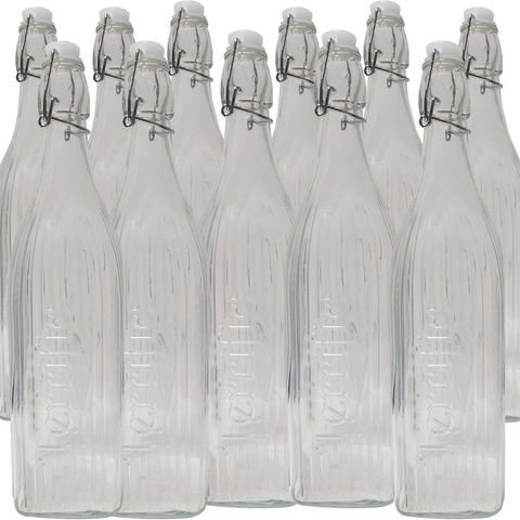 1000 ml Square Base Stripe Design Glass Bottles for Home Brewing with Easy Wire Swing Cap - 12 Pc Pack