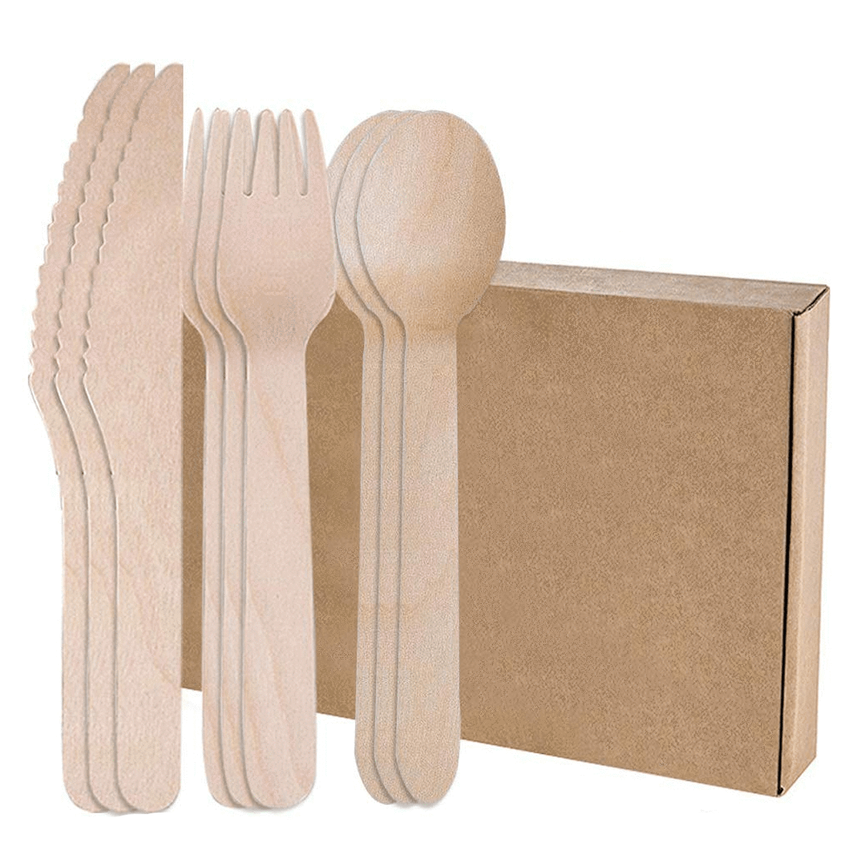 Disposable Wooden Cutlery Sets, 50 Forks, 50 Knives, 50 Spoons, 100% Natural Birchwood, 6"  150Pcs / Pack