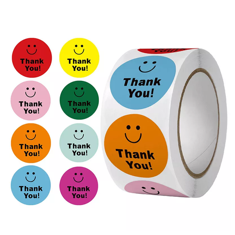 Willow Thank You Paper Stickers - Smile Face Design, 1 inch 8 Colors Stickers 500/Roll