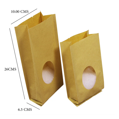 100Pc Pack Kraft Paper Bag Stand up Pouch with Oval Window Hi Grade Quality Paper Size (22 X 10 X 6.5Cms)