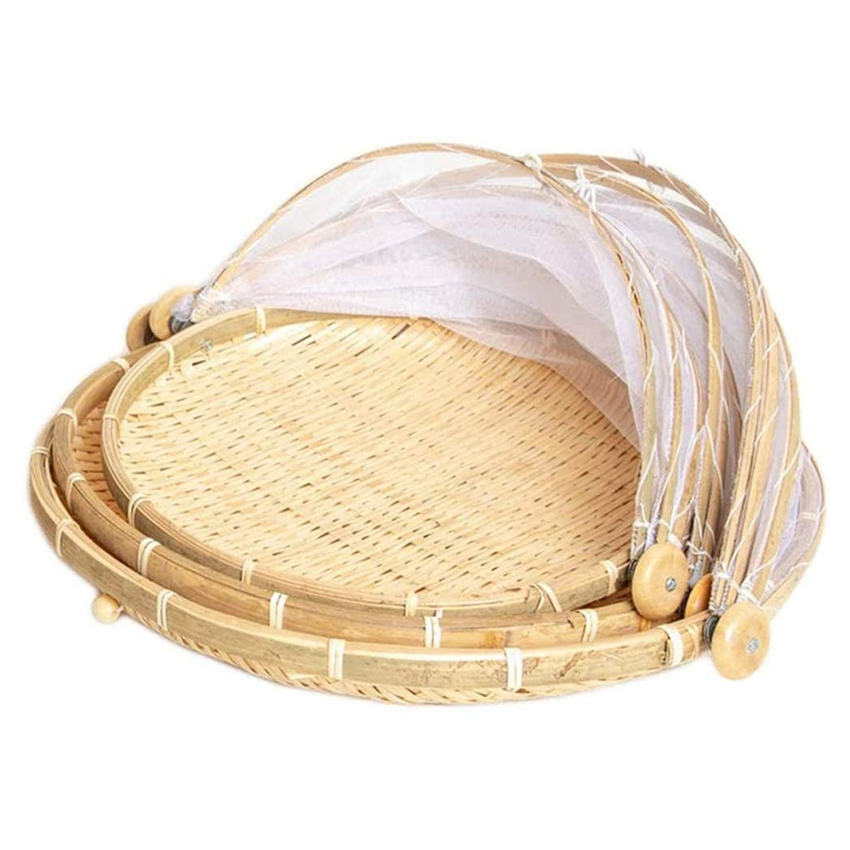 3Pcs Round Bamboo Food Serving Trays with Food Mesh Cover - Willow