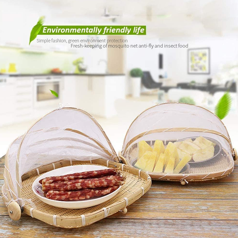 3Pcs Round Bamboo Food Serving Trays with Food Mesh Cover - Willow