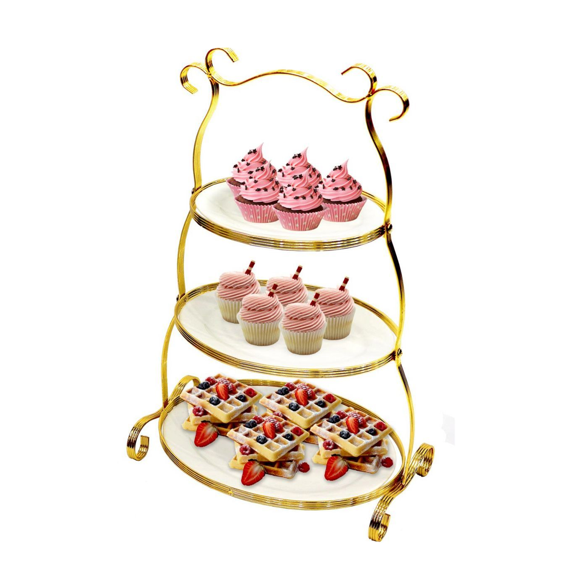 3 Tier Oval Dessert Plate Set with Stand, Gold - SquareDubai