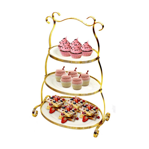 3 Tier Oval Dessert Plate Set with Stand, Gold - SquareDubai