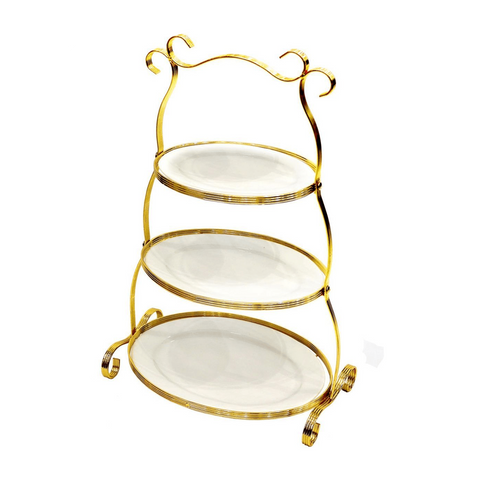 3 Tier Oval Dessert Plate Set with Stand, Gold - SquareDubai