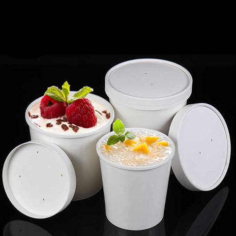 White Kraft Paper Cup with Cover for Ice Cream / Soup / Dessert Cake Party Tableware Bowl 50 pcs / Pack
