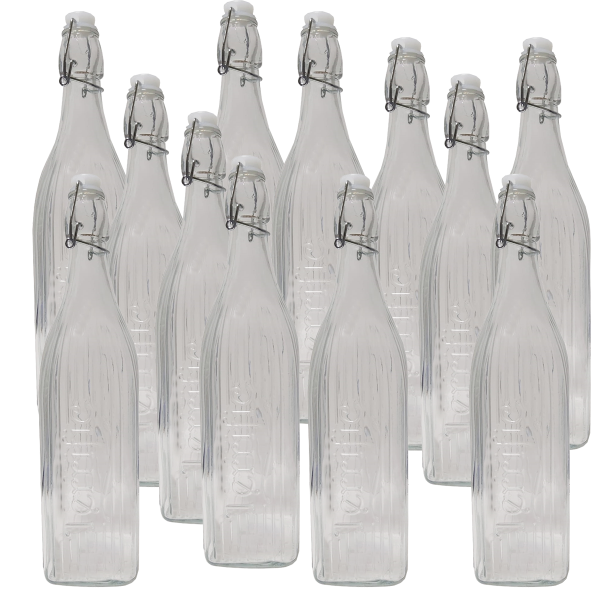 1000 ml Square Base Stripe Design Glass Bottles for Home Brewing with Easy Wire Swing Cap - 12 Pc Pack