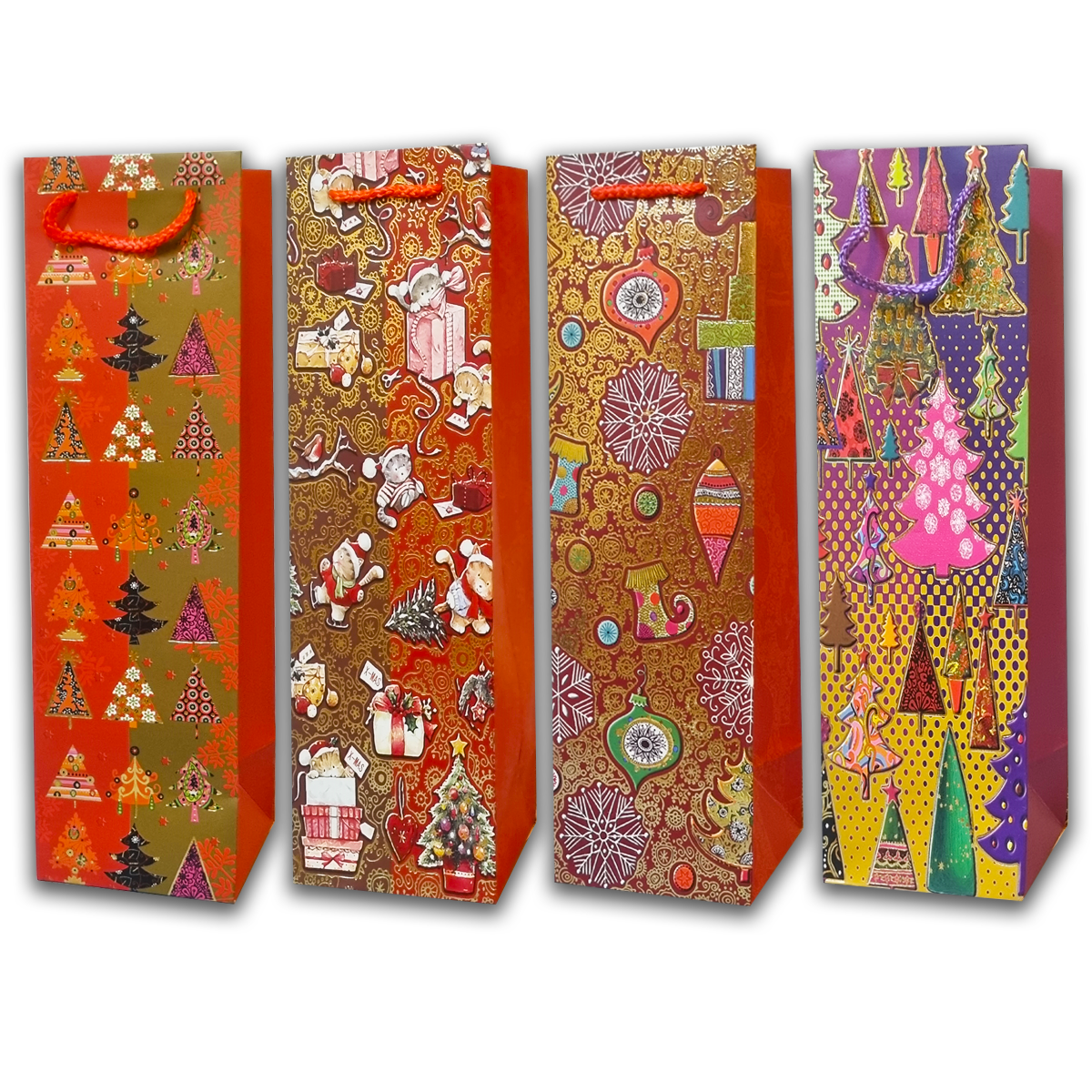 6Pc Pack Christmas Gift Bag For Bottle 4 Assorted Design with Rope Handles 38x11x11 cms  - WILLOW