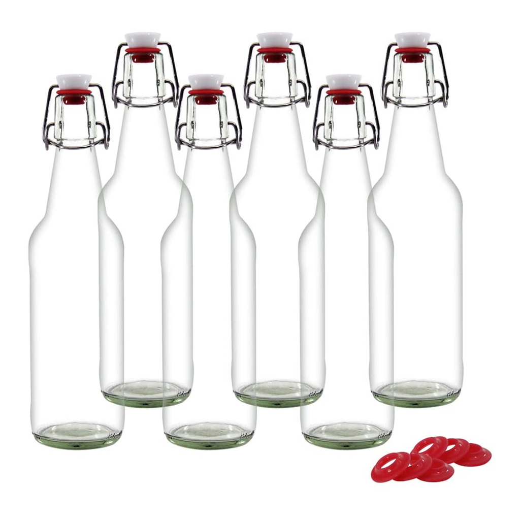Clear Glass Bottles for Home Brewing with Easy Wire Swing Cap - 6 Pc Pack