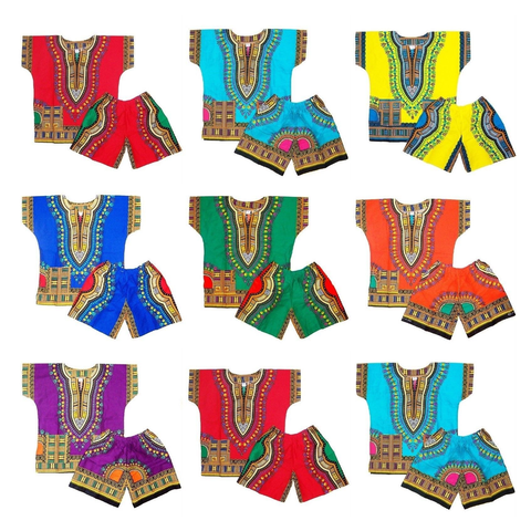 Children Traditional Colourful African Dashiki Thailand Style with Shorts (Blue) - Tribe